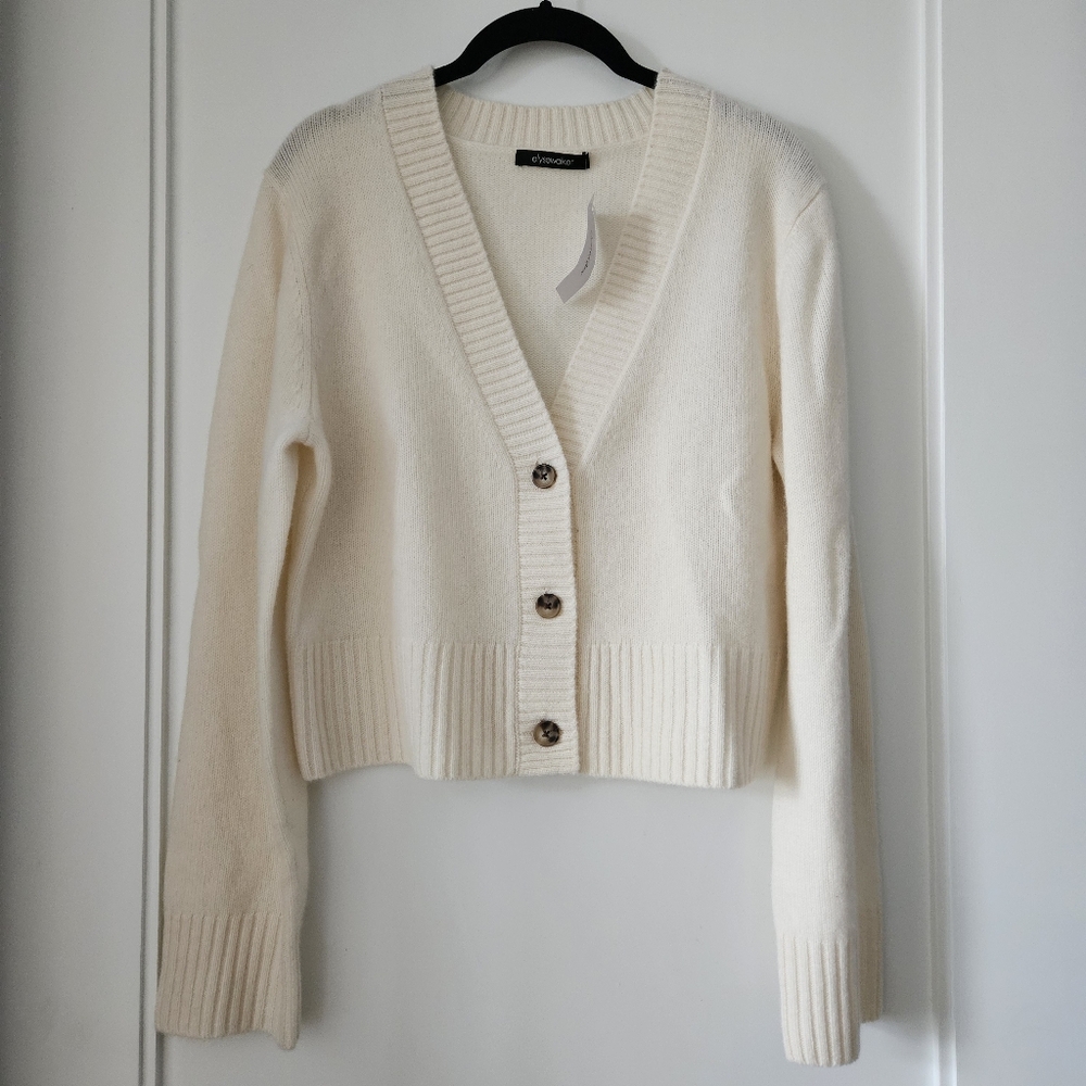 NWT! Elyse Walker 100% Cashmere V-Neck Dove Cropped Cardigan Sweater Medium